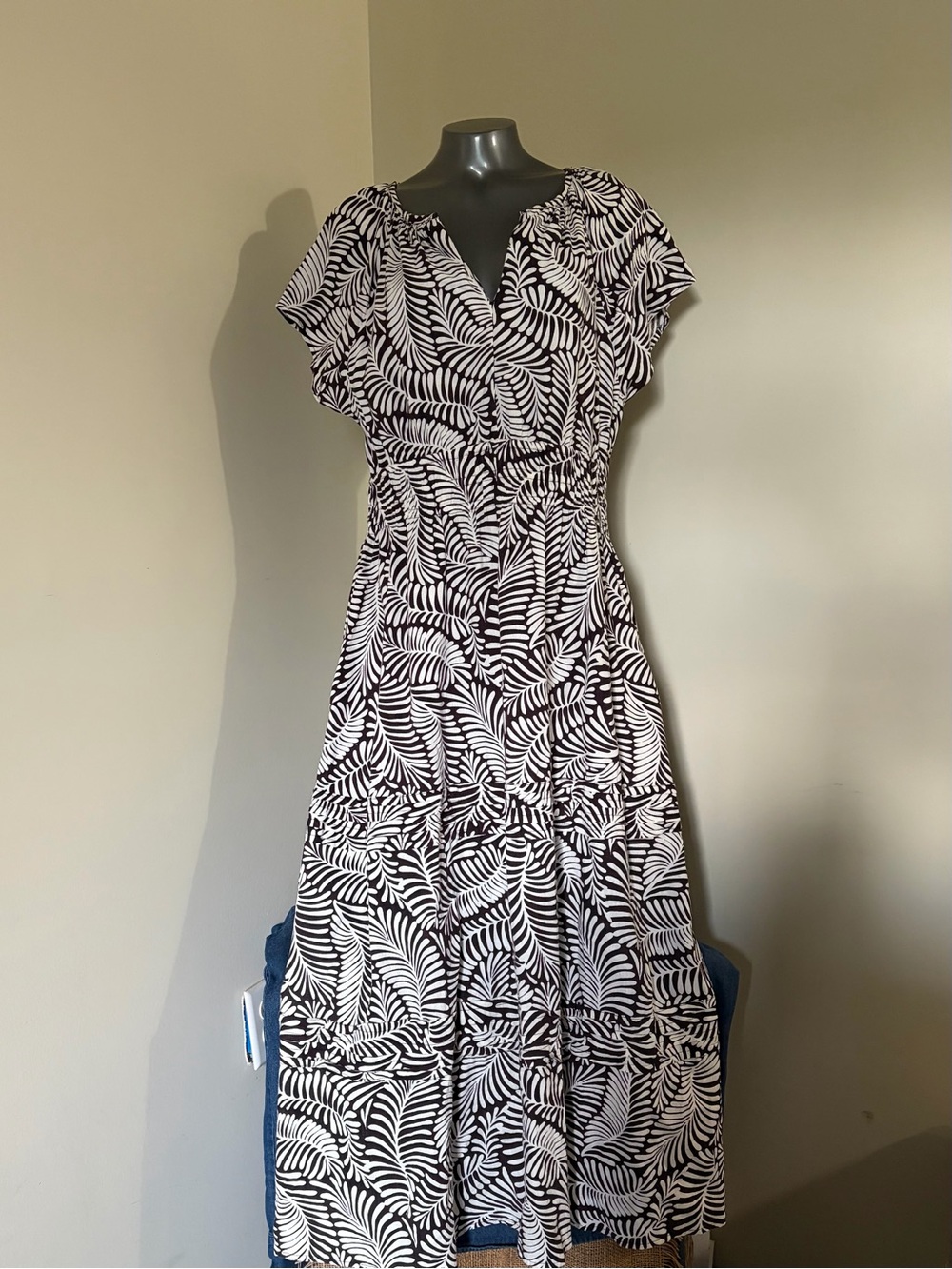 Rachel Zoe Brown White Palm Leaf Print Maxi Dress Smocked Waist V-Neck XL